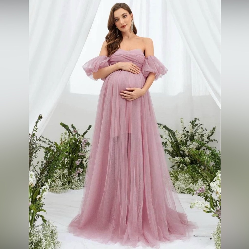 Elegant Off-Shoulder Pink Maternity Tulle Gown